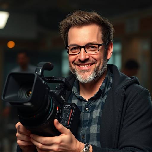 Portrait of Robert Smith, Cinematographer at Apex Media Studios, holding a camera and smiling confidently.