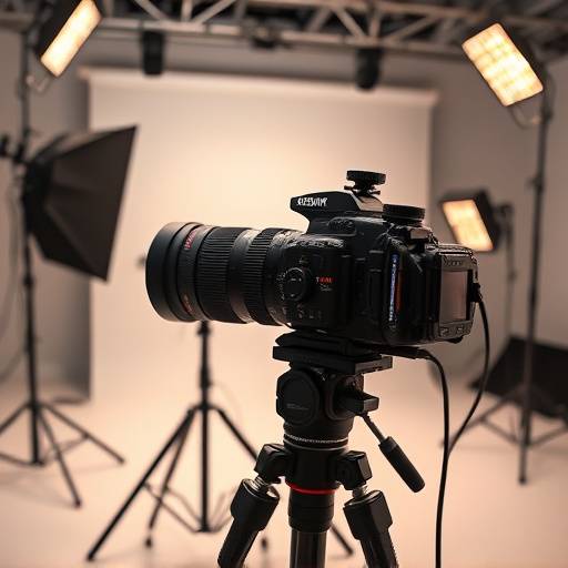 Professional photography equipment, including cameras, lenses, and lighting, arranged in a studio setting