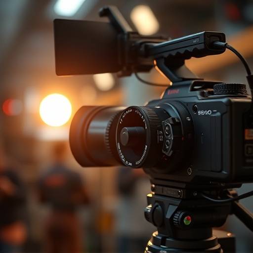 Professional video camera filming a scene
