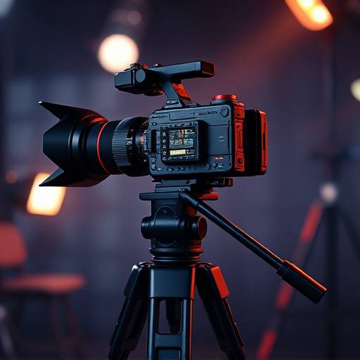 Professional video camera on a tripod, filming a scene
