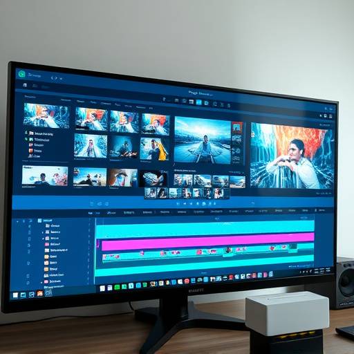 Video editing software interface displayed on a large monitor, showing a timeline and various editing tools